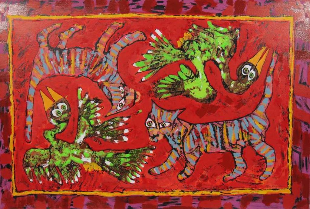 Rudi Pillen, zeefdruk: Katten en vogels kopen? Bied vanaf 35!