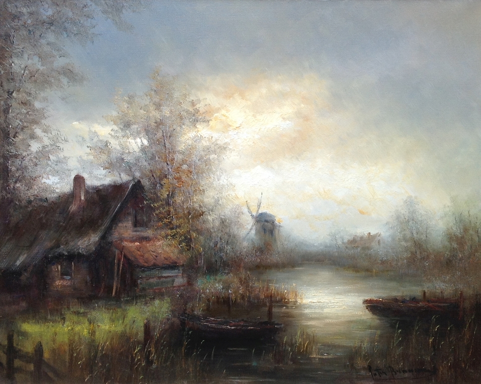 Peter Brouwer, olie op doek, Mistig landschap met molen, kapitale lijst verkocht voor € 250!