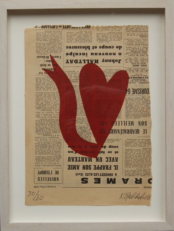 Klaas Gubbels 'Hartenkan' houtdruk op oude Franse krant. verkocht voor € 375!