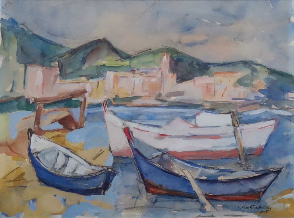 Cees Kortlang Aquarel uit 1958. Franse kustplaats met vissersbootjes. kopen? Bied vanaf 200!