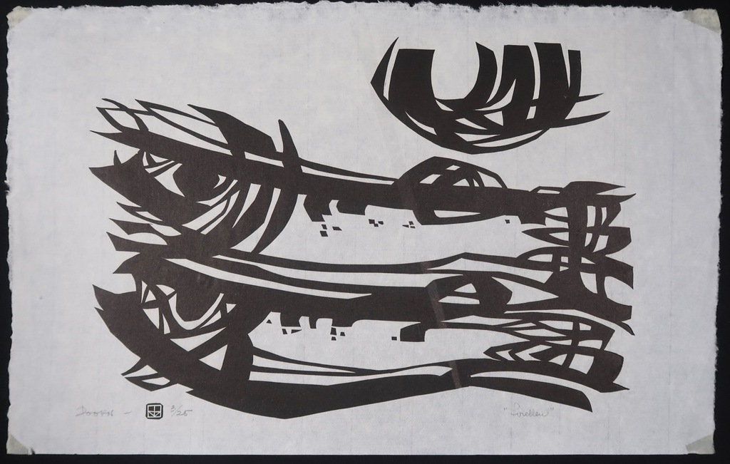 Jan van Doorn: Lino op Japans papier, Forellen kopen? Bied vanaf 1!