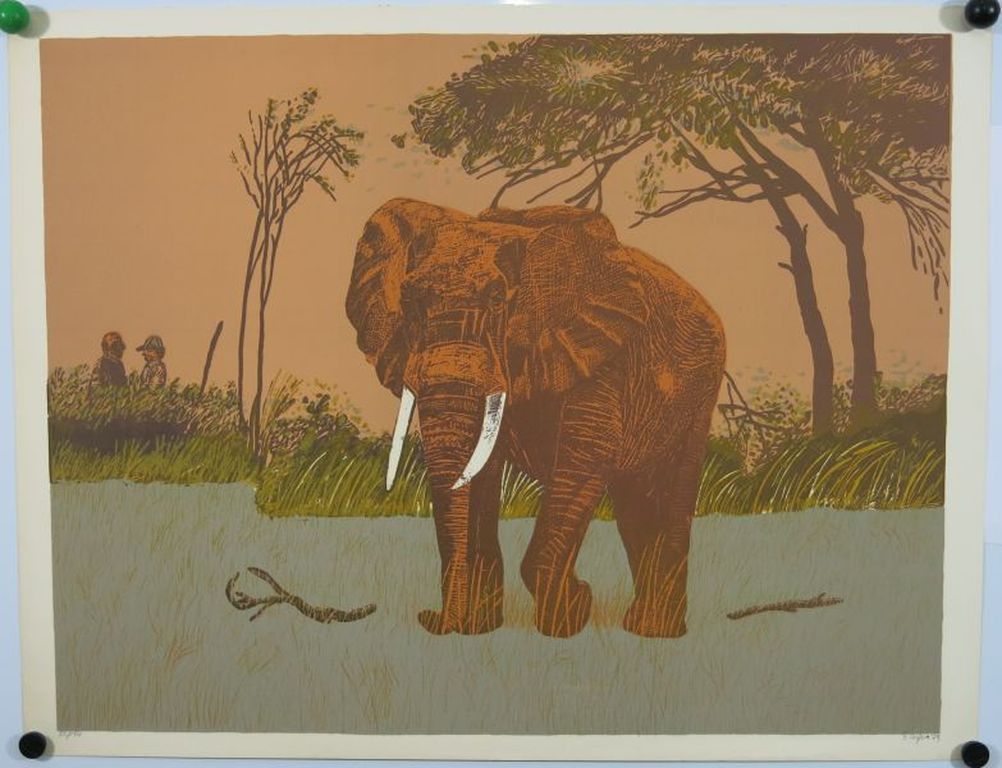 Antonio Segui: Kleurenlitho, Olifant bij bomen kopen? Bied vanaf 1!