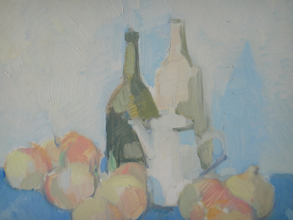 Jan Verheijen, olieverf op board, stilleven met fruit, flessen en theepot kopen? Bied vanaf 1!