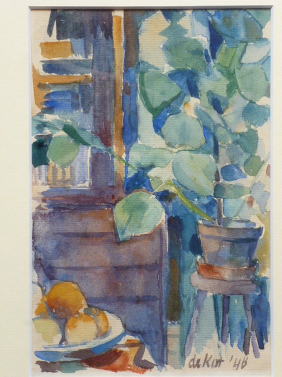 Otto B. de Kat - Otto B. de Kat - aquarel - Interieur met plant en fruitschaal verkocht voor € 245!