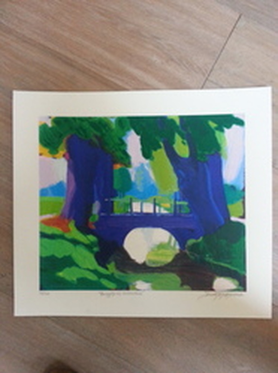 Jentsje Popma, zeefdruk op papier, titel: "Bruggetje bij Giessedam" verkocht voor € 72!