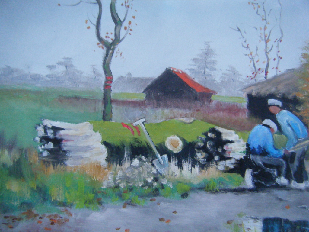 Liekele Boersma ,olieverf op doek ,Houthakkers met mallejan kopen? Bied vanaf 175!