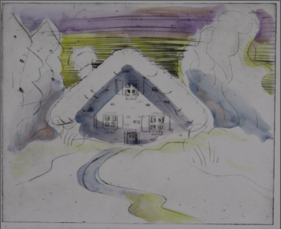 Rinke Nijburg: Handbeschilderde ets, Het besneeuwde huis kopen? Bied vanaf 35!