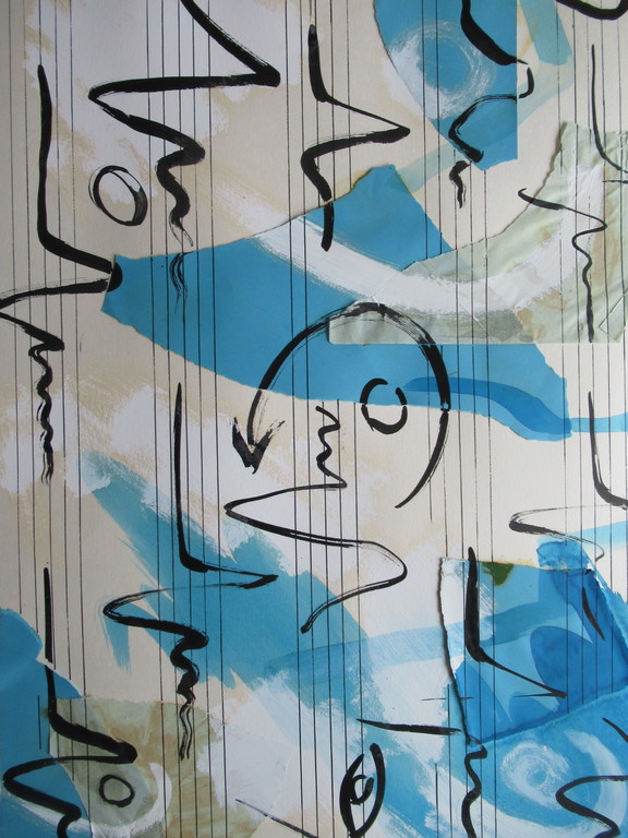 Onbekende kunstenaar: collage en verf, muziekschrift kopen? Bied vanaf 1!