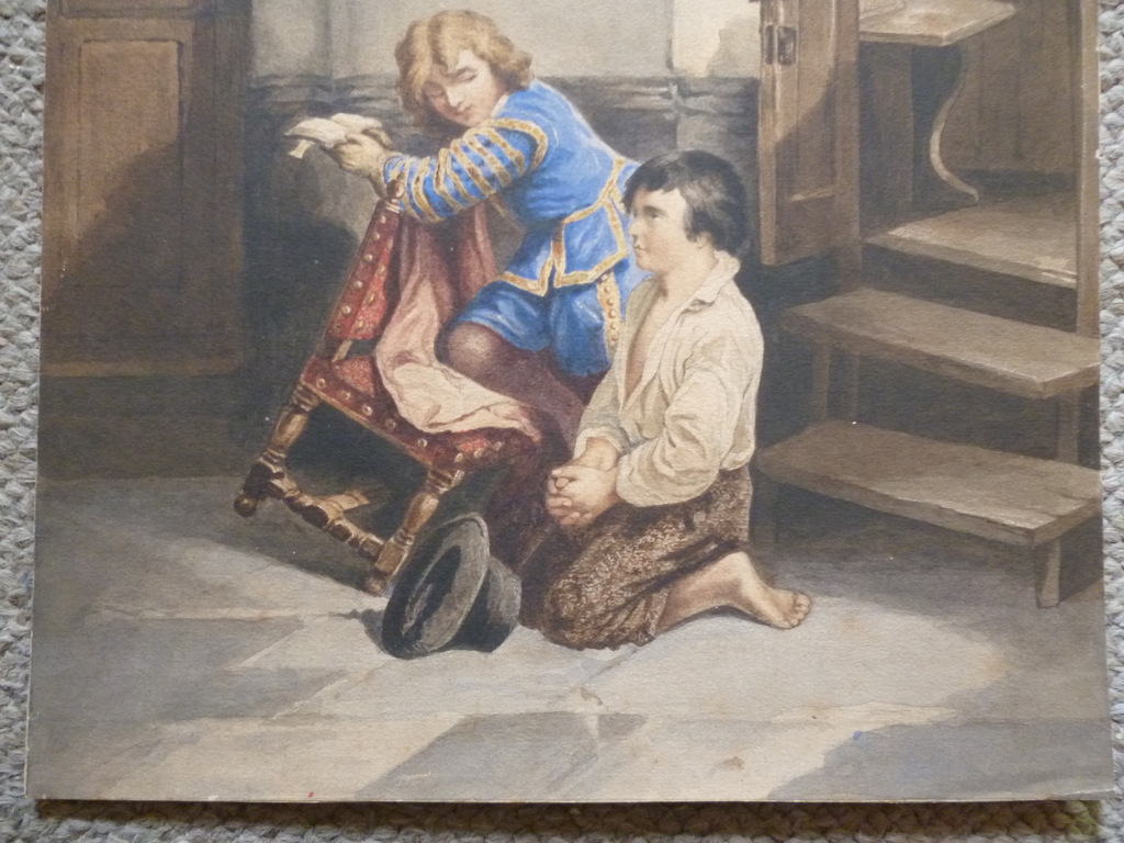 Hollandse school - aquarel - Twee jongens biddend in een kerk kopen? Bied vanaf 45!