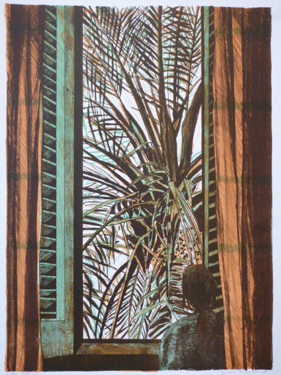 Joost Minnigh - kleurenlitho - Persoon voor venster en palmboom kopen? Bied vanaf 25!