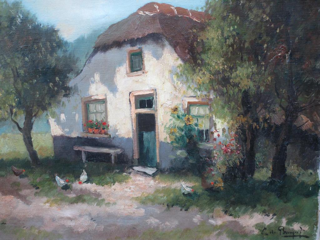 Cornelis de Bruin, Boerenerf met kippen, Olie op doek verkocht voor € 80!