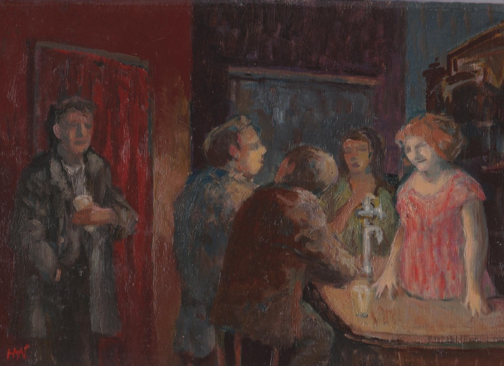 Hans van Norden (1915-2011) olieverf op paneel, cafe interieur, 1962 verkocht voor € 75!