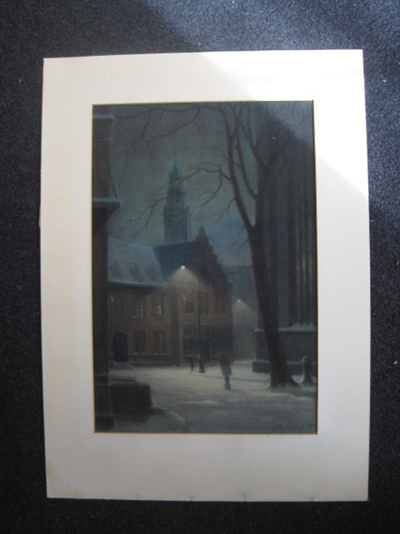 Sfeervol oud ca. 1900 pastel "Amsterdam winteravond Oudekerksplein" gesigneerd  kopen? Bied vanaf 1!