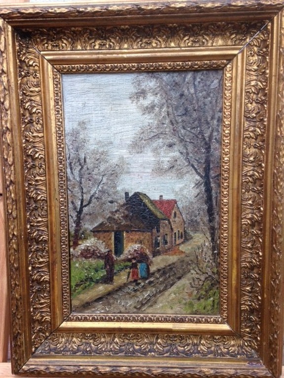 Onbekende kunstenaar, olieverf op doek, Dorpsweg verkocht voor € 50!