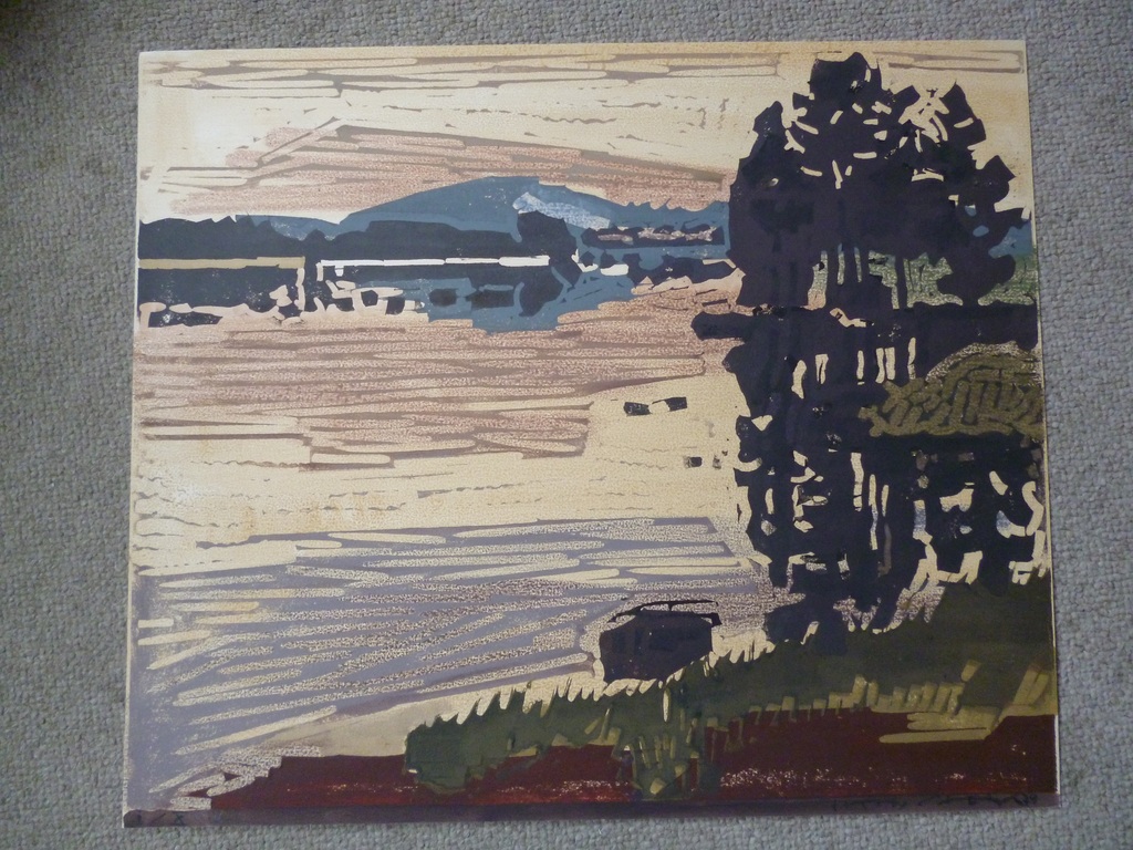 Hein Stork - kleurenlinosnede - Zweeds landschap met een meer verkocht voor € 125!