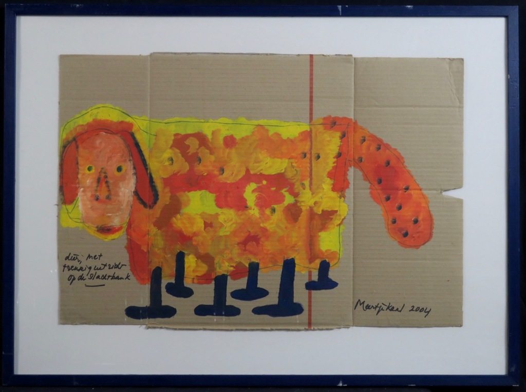 Meertje Kaal: Acryl op karton, Dier met treurig uitzicht ... - Ingelijst verkocht voor € 55!