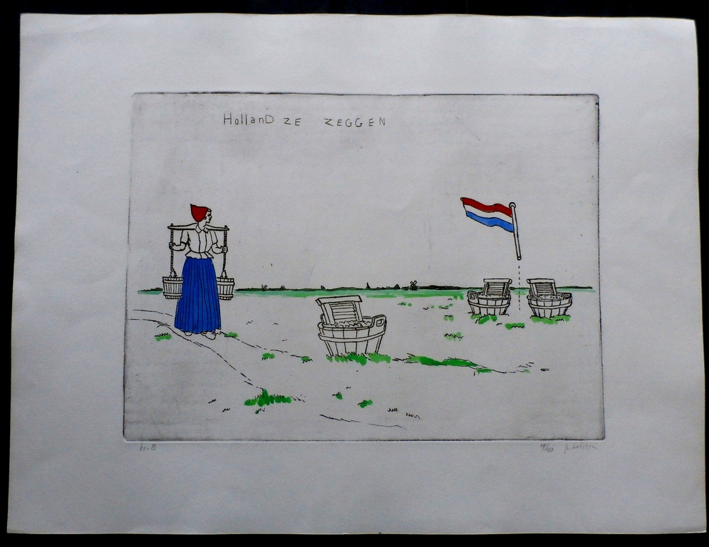 Pieter Holstein - handingekleurde ets: Holland ze zeggen kopen? Bied vanaf 60!