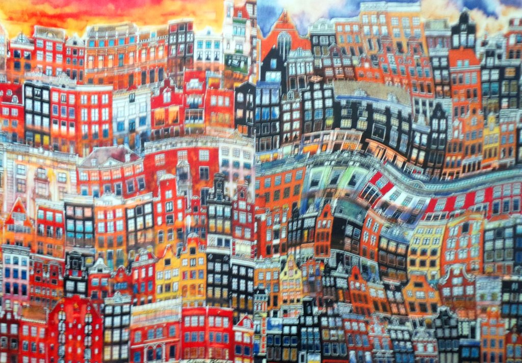 Elena Polyakova:  vrolijk Amsterdam, Gemengde techniek x 2werken verkocht voor € 125!