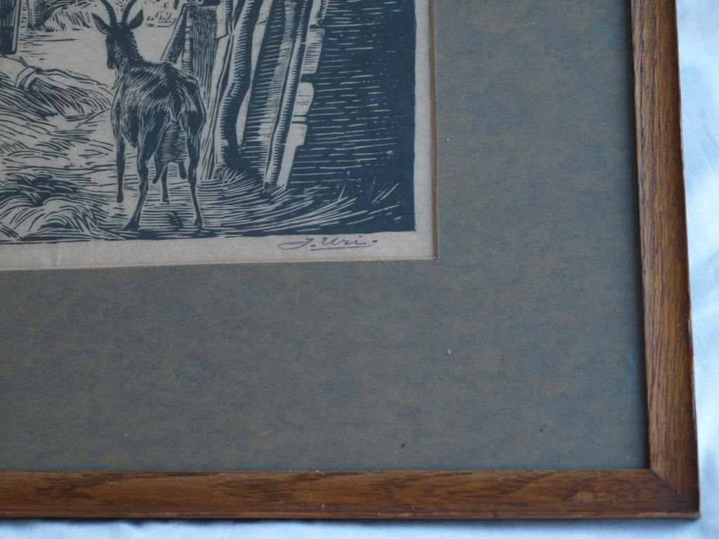 Jan Uri (1888-1979) : Houtsnede , De stal – gesigneerd & ingelijst – handdruk kopen? Bied vanaf 25!