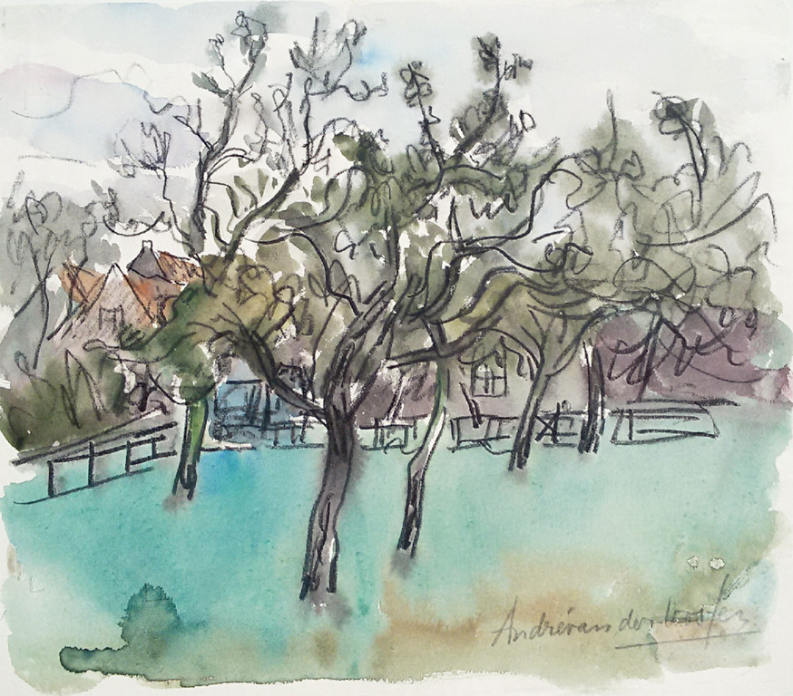 Andre van der Vossen - Boomgaard, tekening / aquarel verkocht voor € 40!