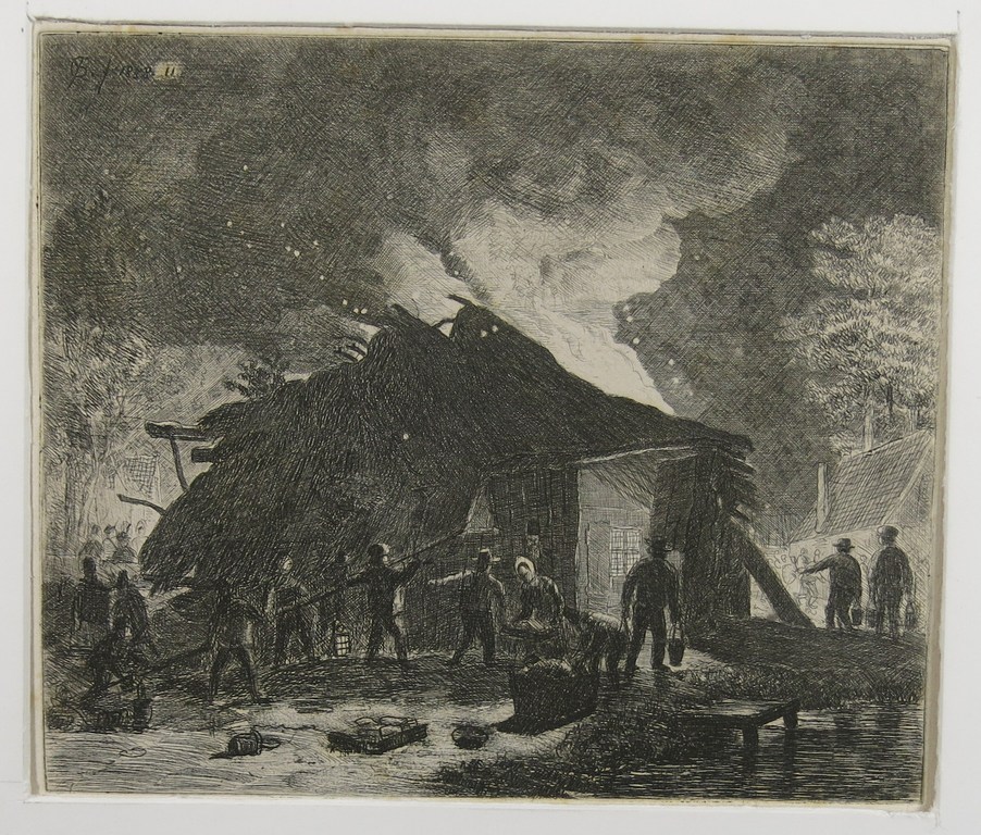 Cornelis van der Griendt: Ets, Brandende boerderij bij Dongen en Kaatsheuvel in Brabant verkocht voor € 35!