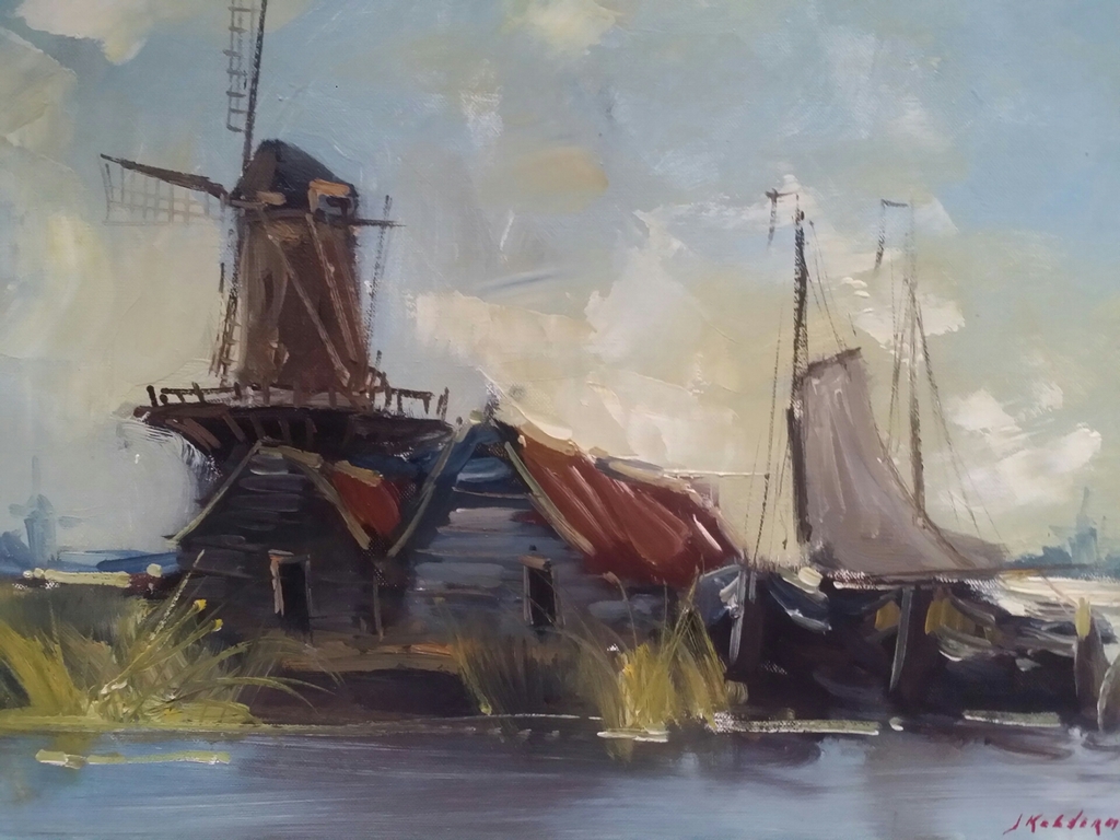 Jan Kelderman. Olieverf op doek. Molen en zeilschip bij Westzaan. kopen? Bied vanaf 59!