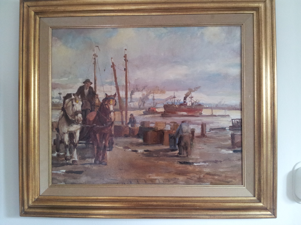 Paard en wagen aan de kade olieverf op doek 40 x 50 mooi gelijst kopen? Bied vanaf 450!