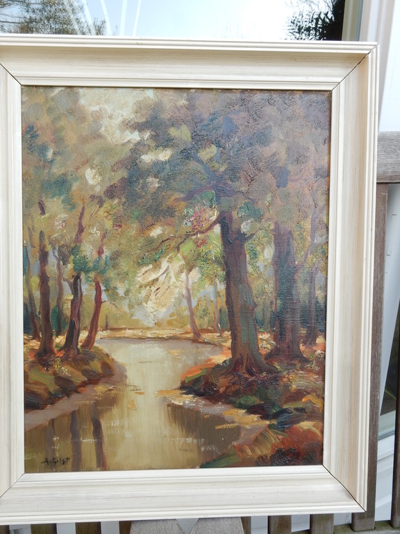 Arnout van Gilst, Bosbeek, olieverf op doek, l.o. gesigneerd. verkocht voor € 100!