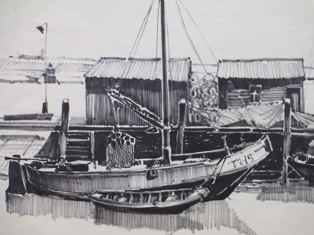 Krijn van Dijke, In de haven van Tholen, Krijttekening kopen? Bied vanaf 40!