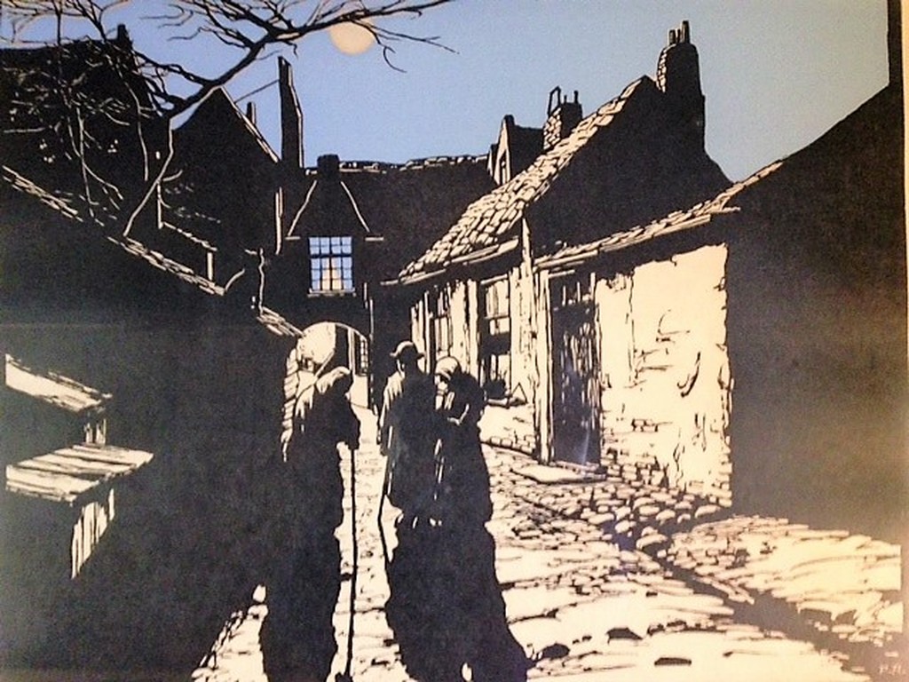 Piet Rackwitz, Houtsnede, Donkere dorpsstraat met personen kopen? Bied vanaf 50!