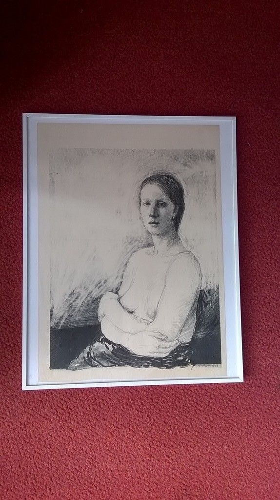 Aat Veldhoen, ingelijst grafisch werk, halfnaakte vrouw verkocht voor € 40!