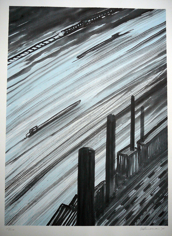'Traffic' -lithografie, onleesbaar gesigneerd- verkocht voor € 95!