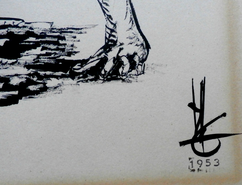 Melle Oldeboerrigter- inkttekening -  vechtende surrealistisch figuren - 1953 kopen? Bied vanaf 150!