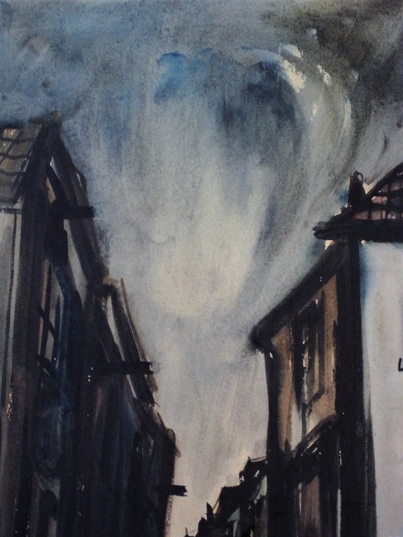 Een prachtig "invallende avond boven Amsterdam" Aquarel Jacques Mels 1899-1974  kopen? Bied vanaf 1!