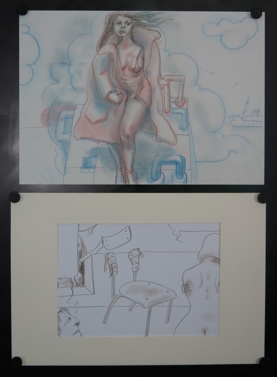 Bart van Hoek: Twee tekeningen, Kapotte stoel en Vrouw stapt uit boot kopen? Bied vanaf 1!