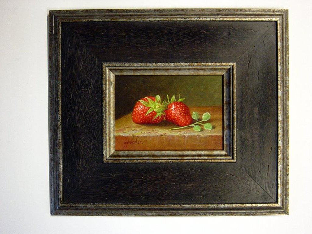 Hans Habraken - olieverf op paneel - stilleven met aardbeien verkocht voor € 225!