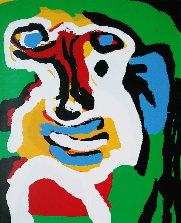 Karel Appel - Head against green grass, gesigneerde zeefdruk (ingelijst, groot) verkocht voor € 950!