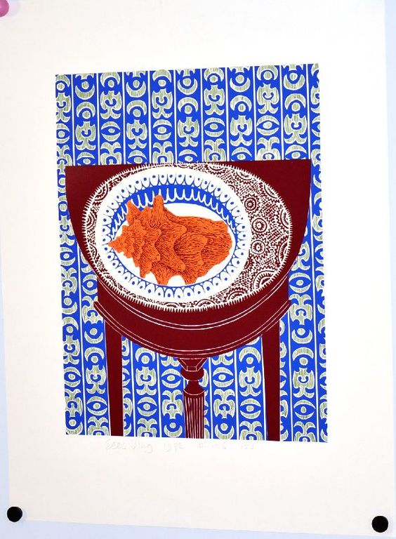 Sees Vlag: Zeefdruk. Schelp op tafel. verkocht voor € 70!