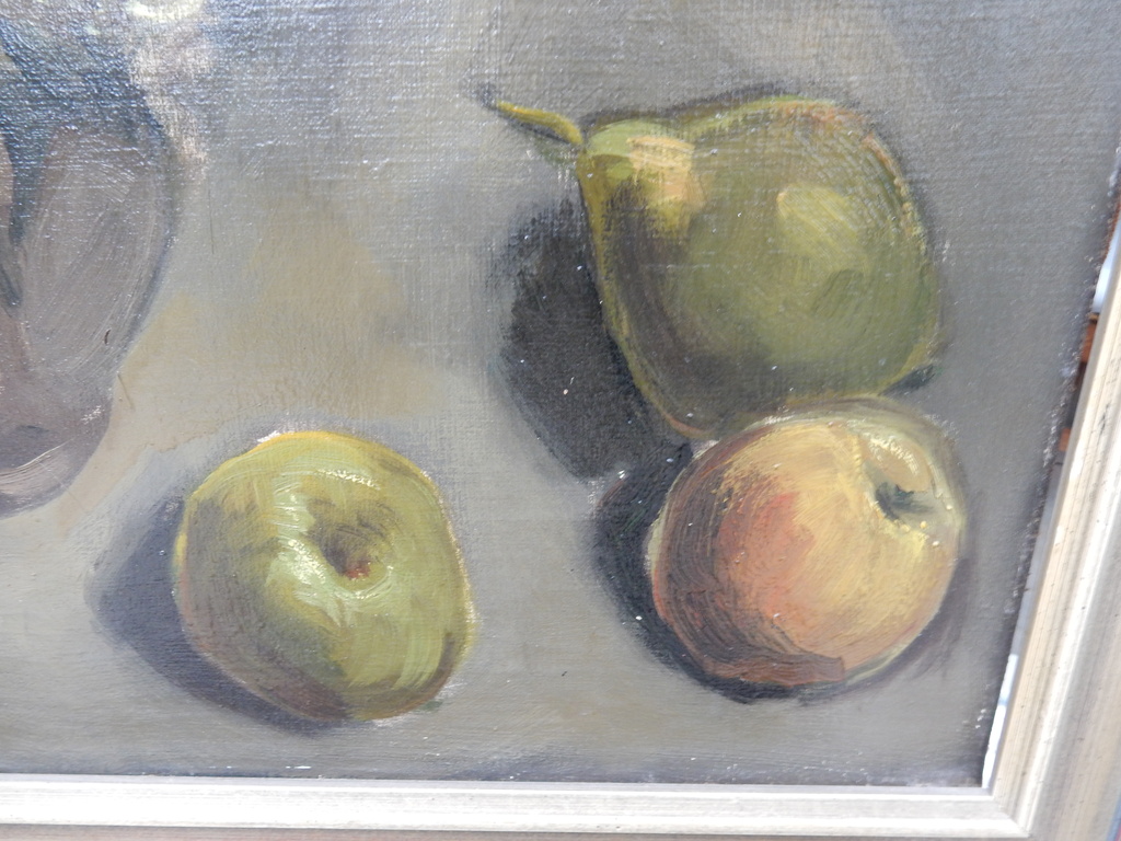 Jan de Leeuw, stilleven, met chrysanten in vaas met appels,olieverf op doek kopen? Bied vanaf 100!