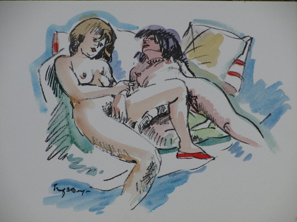 Freek van den Berg, Vriendinnen op de bank, Ingekleurde litho 1974 sold for € 60!
