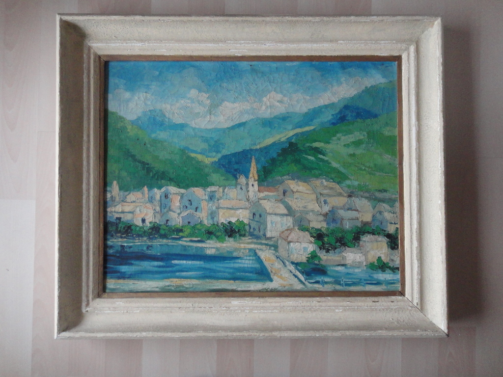 Franse school(?) - olieverf op doek - bergdorp aan rivier kopen? Bied vanaf 1!