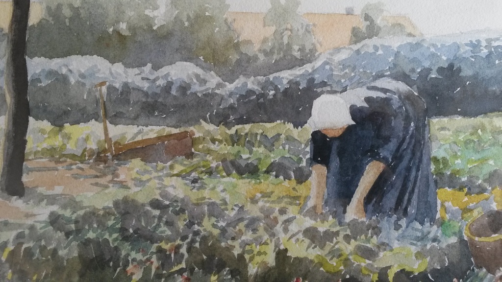 W.H. (Willem) Heytman (1950), Boerin in bloemenveld, aquarel op papier, gesign. kopen? Bied vanaf 85!