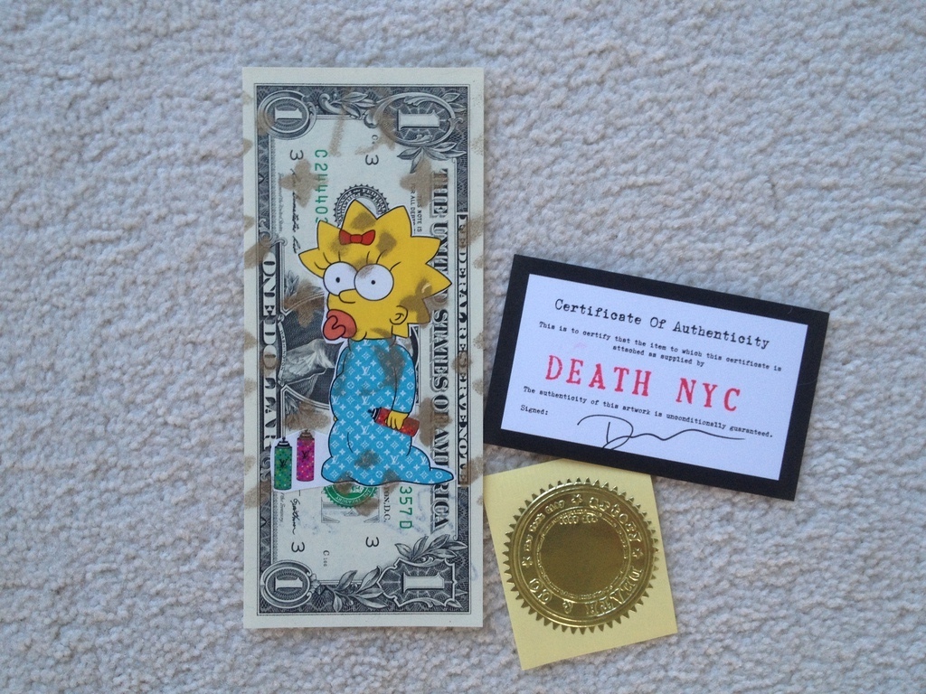 DEATH NYC, 1 Dollar biljet, The Simpsons 'USD $ 1 Baby Spray' uit 2013 kopen? Bied vanaf 1!