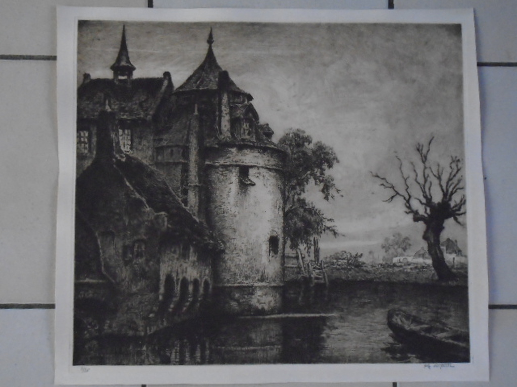 Alfred van Neste - ets - Slotgracht met hoektoren kopen? Bied vanaf 20!