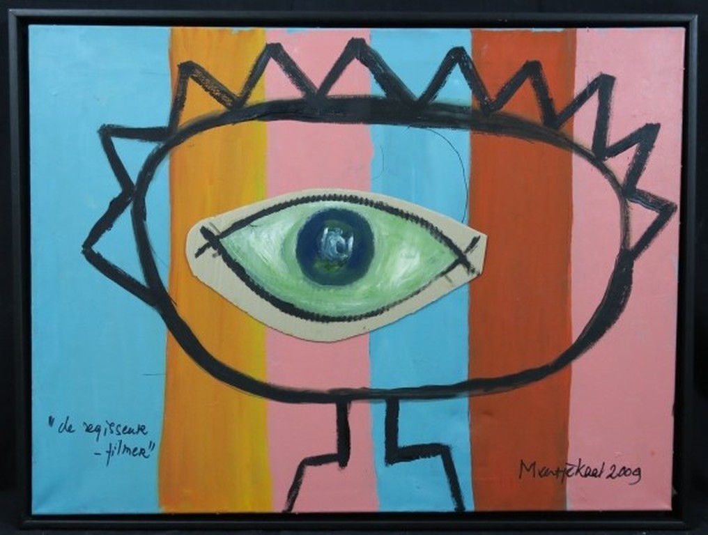 Meertje Kaal: Acryl,Olieverf en Collage op doek, De regisseur filmer - Ingelijst kopen? Bied vanaf 35!