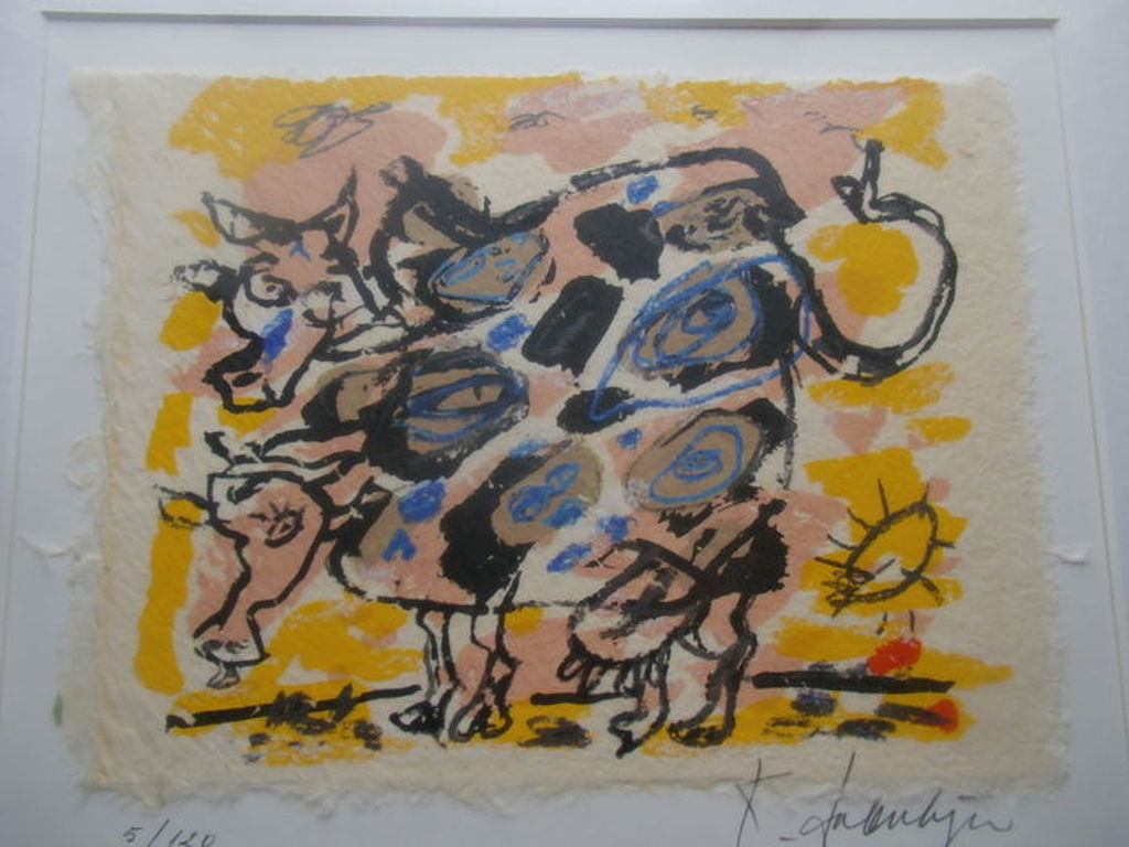 KEES SALENTIJN  Kleurenlitho  KOETJES  Ingelijst  Handgesigneerd verkocht voor € 75!