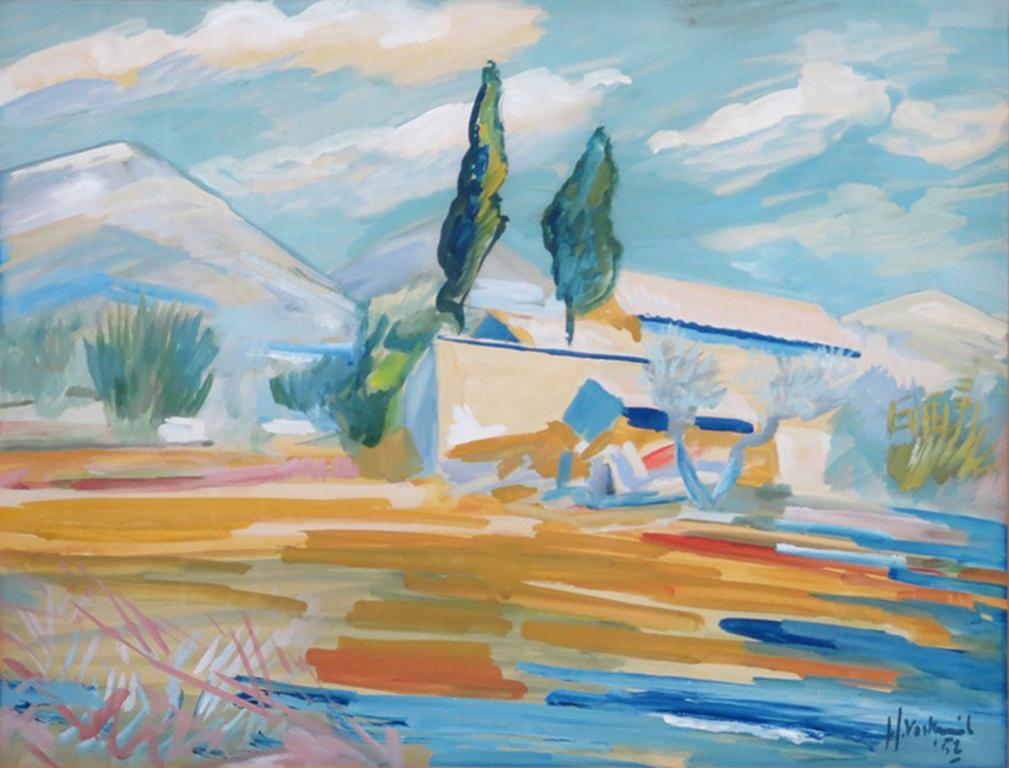 Hendrik Voskuijl: Landschap - gouache, 1952 verkocht voor € 40!