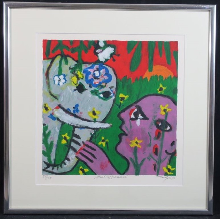 Hans Truijen: Zeefdruk, Touching paradise - Ingelijst verkocht voor € 80!