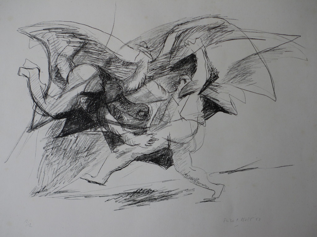 Friso ten Holt, Gevleugelde worsteling, Litho 1953 verkocht voor € 75!