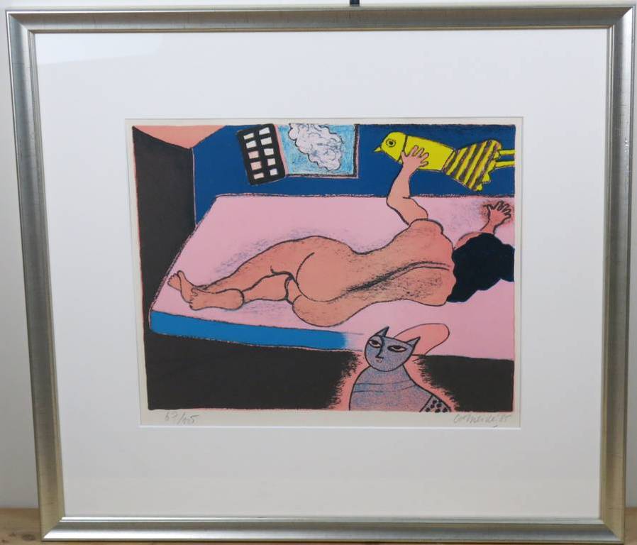Corneille: Litho, Naakt met vogel en kat - Ingelijst kopen? Bied vanaf 250!